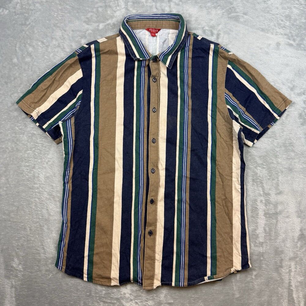 GUESS Los Angeles Men’s Large Vertical Stripe Short Sleeve Button Up Shirt
